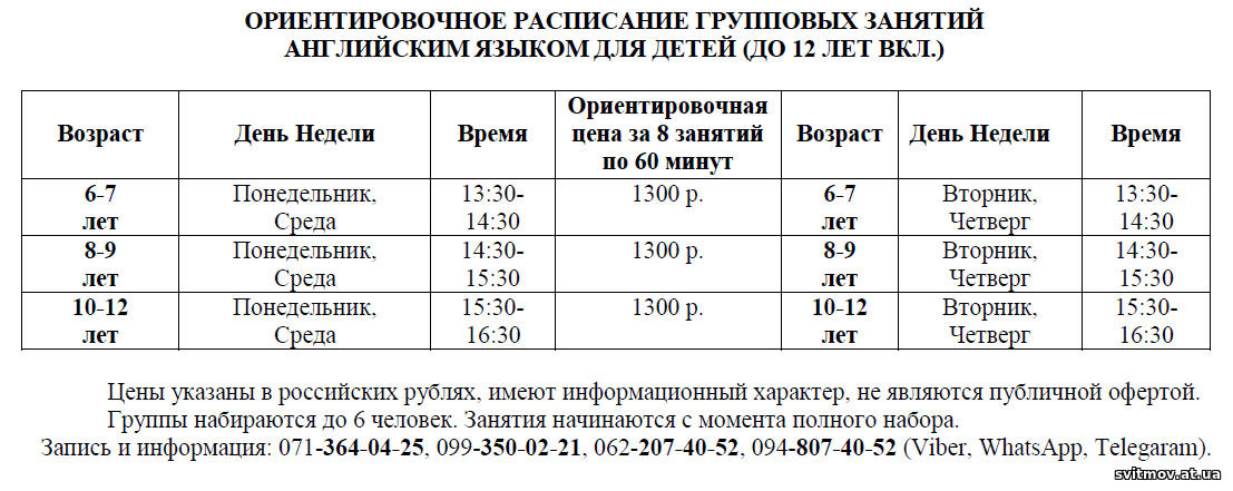 расписание курсов английского языка для детей в Донецке